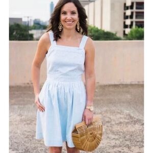 J. CREW | Seersucker‎ Apron Dress Square Neck Tie Back Bow Pin Stripe Sz. Large